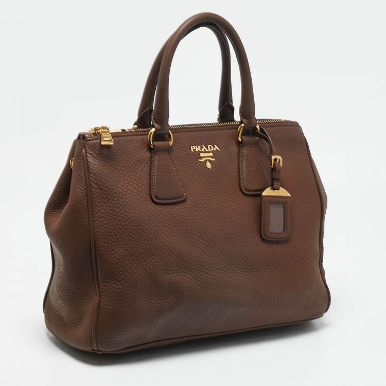 Pre Owned Prada Brown Vitello Daino Leather Double Zip Tote