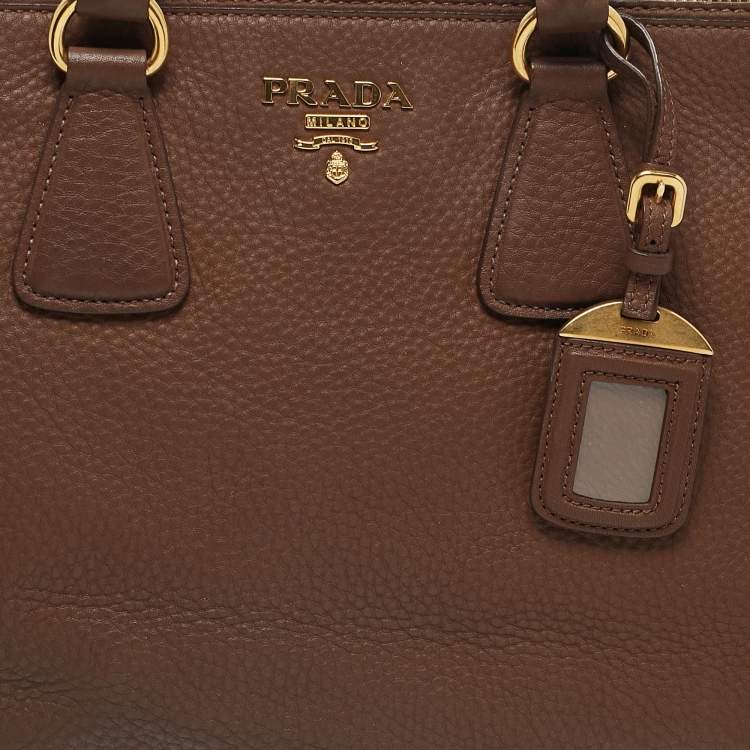 Pre Owned Prada Brown Vitello Daino Leather Double Zip Tote