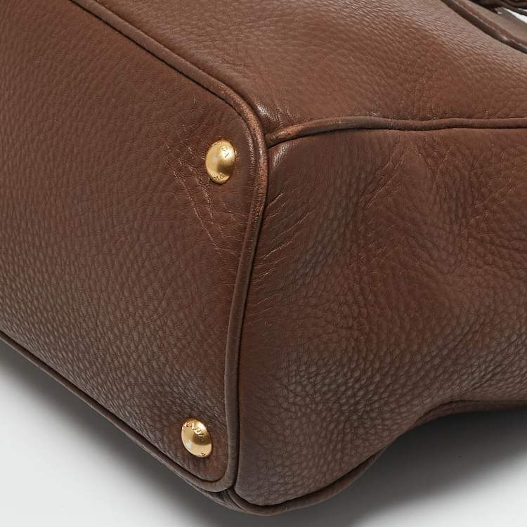 Pre Owned Prada Brown Vitello Daino Leather Double Zip Tote