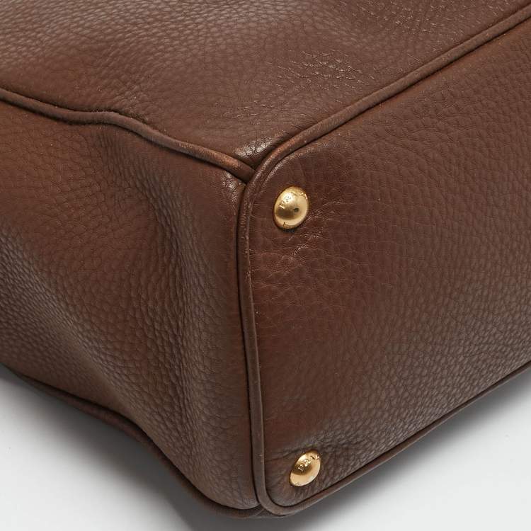 Pre Owned Prada Brown Vitello Daino Leather Double Zip Tote