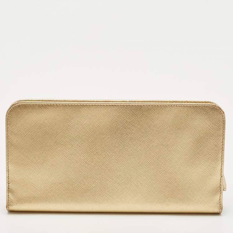 Pre Owned Prada Gold Saffiano Lux Leather Bifold Wallet Organizer