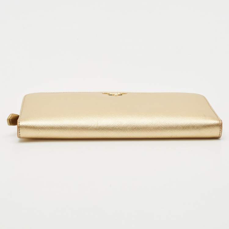 Pre Owned Prada Gold Saffiano Lux Leather Bifold Wallet Organizer