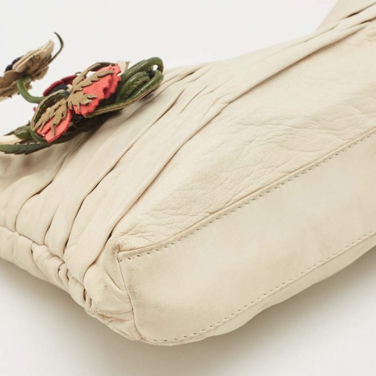 Pre Owned Prada Off White Ruched Leather Rose Applique Pochette