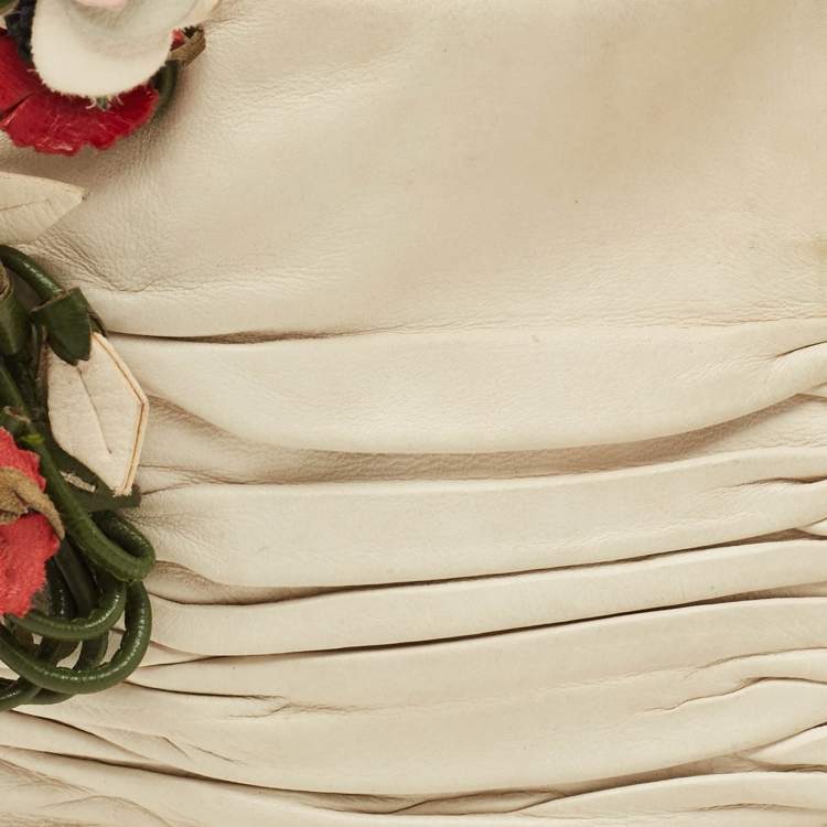 Pre Owned Prada Off White Ruched Leather Rose Applique Pochette