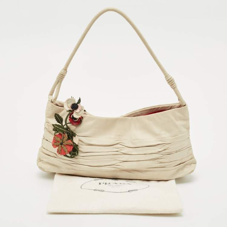 Pre Owned Prada Off White Ruched Leather Rose Applique Pochette