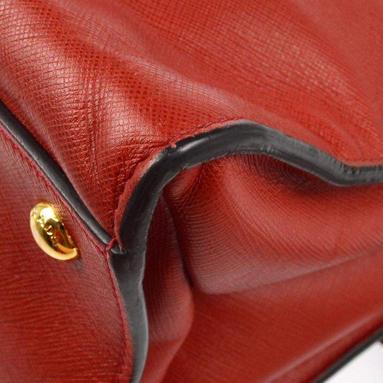 Pre Owned Prada Red Saffiano Leather 2way Tote Handbag
