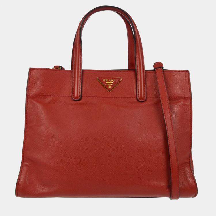 Pre Owned Prada Red Saffiano Leather 2way Tote Handbag