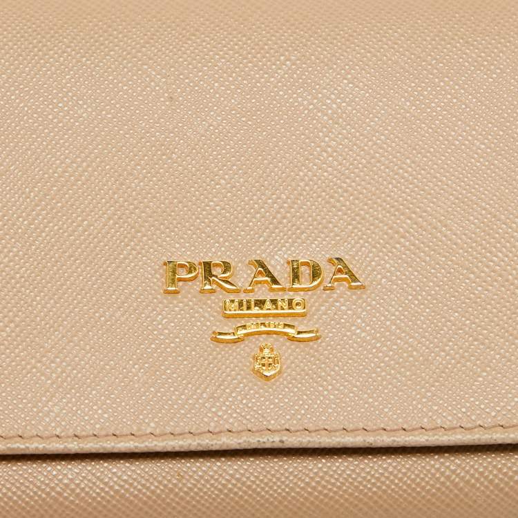 Pre Owned Prada Beige Saffiano Metal Leather Logo Flap Continental Wallet