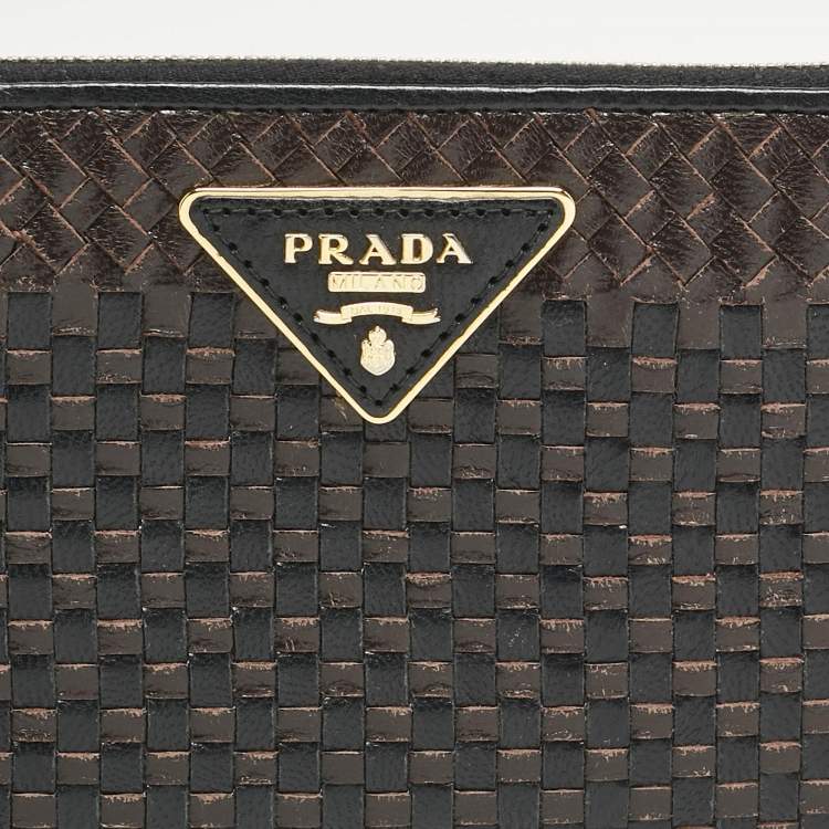 Pre Owned Prada Brown/Black Woven Madras Leather Zip Around Wallet