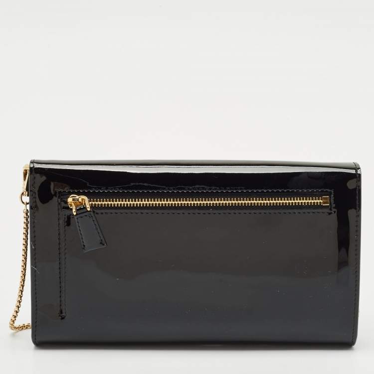 Pre Owned Prada Black Patent Leather Enamel Triangle Logo Wallet On Chain