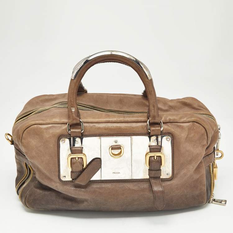 Pre Owned Prada Brown Ombre Leather Glace Zippers Bauletto Bag