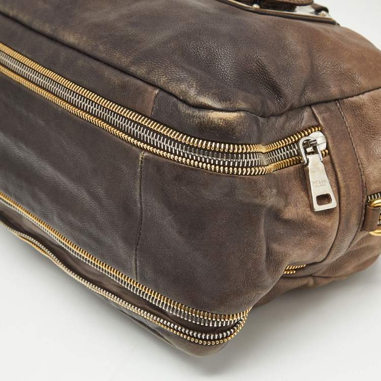 Pre Owned Prada Brown Ombre Leather Glace Zippers Bauletto Bag