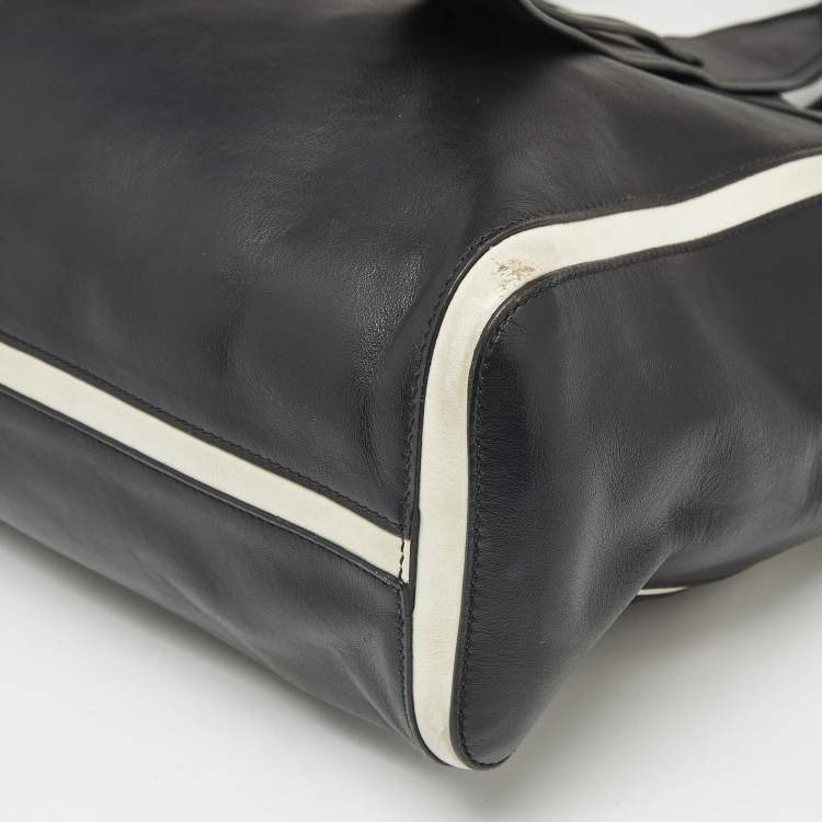 Pre Owned Prada Black/White Grace Lux Leather Large Ouverture Tote