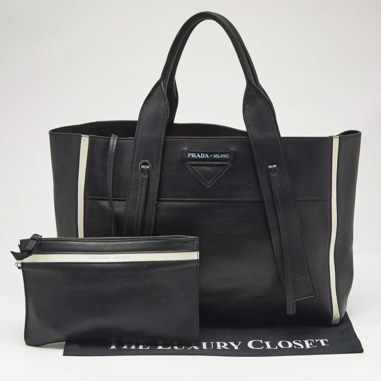 Pre Owned Prada Black/White Grace Lux Leather Large Ouverture Tote