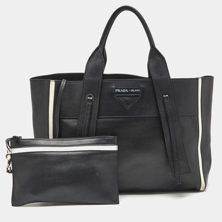 Pre Owned Prada Black/White Grace Lux Leather Large Ouverture Tote