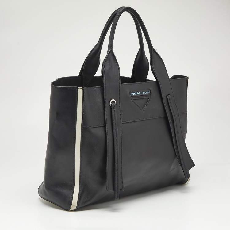Pre Owned Prada Black/White Grace Lux Leather Large Ouverture Tote