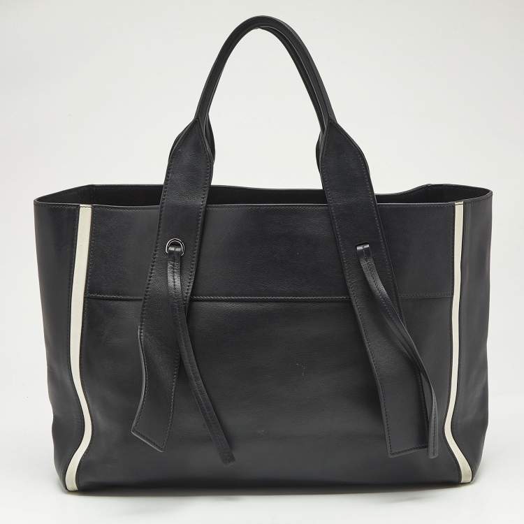 Pre Owned Prada Black/White Grace Lux Leather Large Ouverture Tote