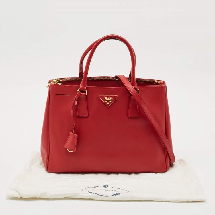 Pre Owned Prada Red Saffiano Lux Leather Medium Double Zip Tote