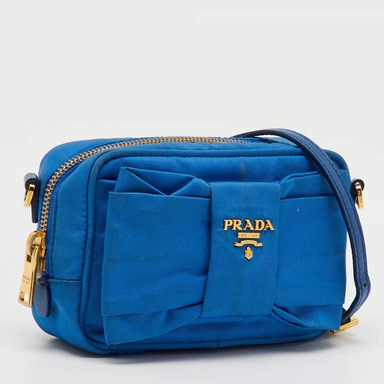 Pre Owned Prada Blue Tessuto Nylon and Leather Bow Camera Crossbody Bag