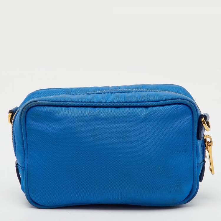 Pre Owned Prada Blue Tessuto Nylon and Leather Bow Camera Crossbody Bag