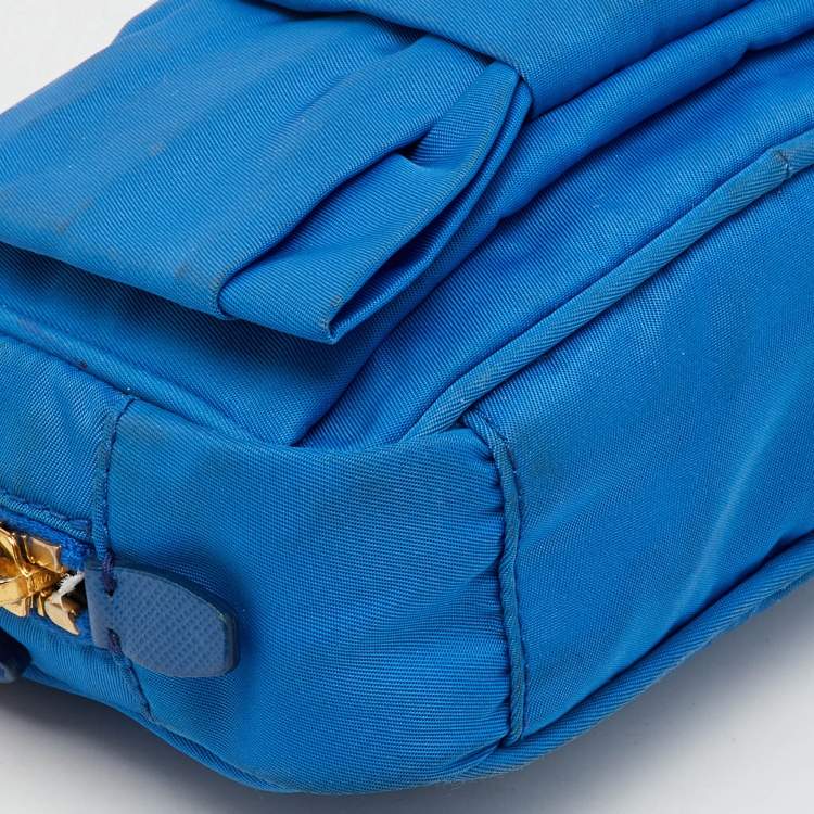 Pre Owned Prada Blue Tessuto Nylon and Leather Bow Camera Crossbody Bag