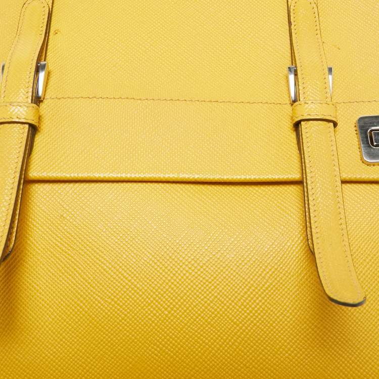 Pre Owned Prada Yellow Saffiano Cuir Leather Double Turn Lock Top Handle Bag