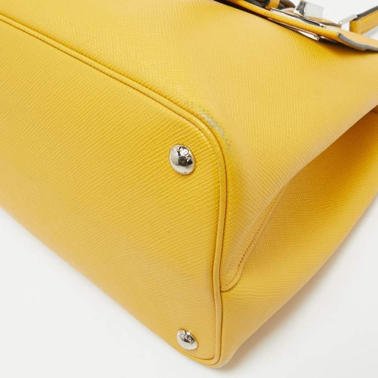 Pre Owned Prada Yellow Saffiano Cuir Leather Double Turn Lock Top Handle Bag