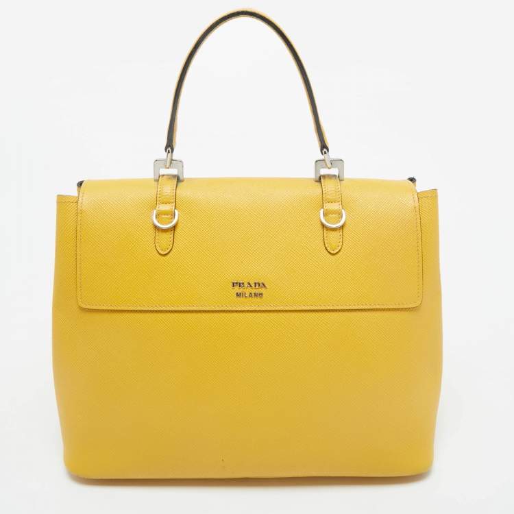 Pre Owned Prada Yellow Saffiano Cuir Leather Double Turn Lock Top Handle Bag