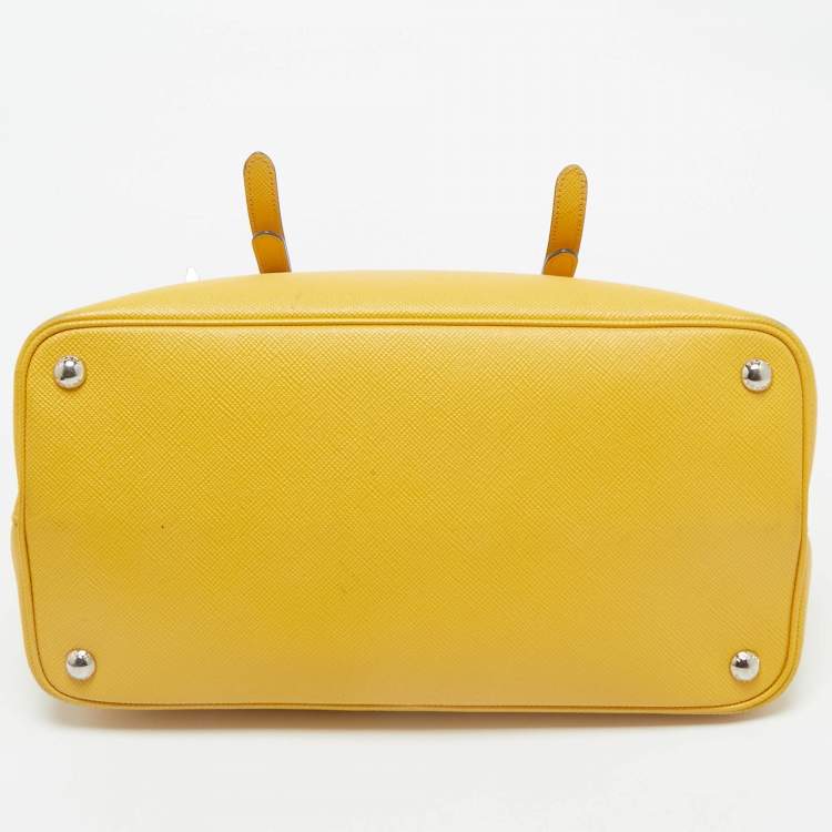 Pre Owned Prada Yellow Saffiano Cuir Leather Double Turn Lock Top Handle Bag