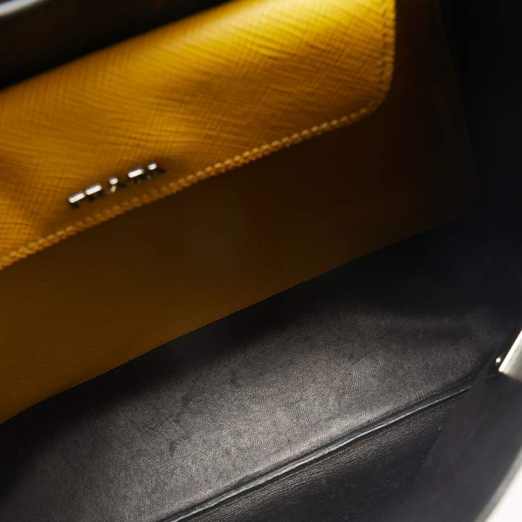 Pre Owned Prada Yellow Saffiano Cuir Leather Double Turn Lock Top Handle Bag