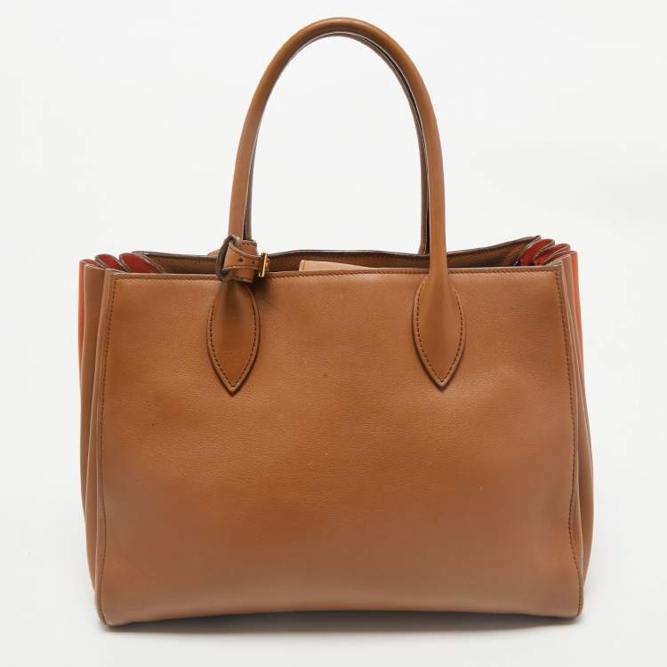 Pre Owned Prada Brown/Orange Leather Bibliotheque Tote