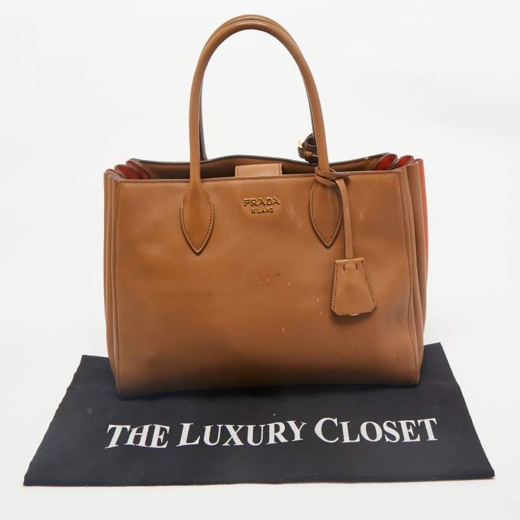 Pre Owned Prada Brown/Orange Leather Bibliotheque Tote