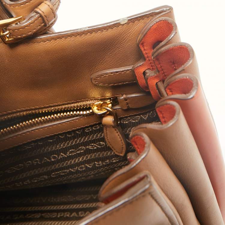 Pre Owned Prada Brown/Orange Leather Bibliotheque Tote