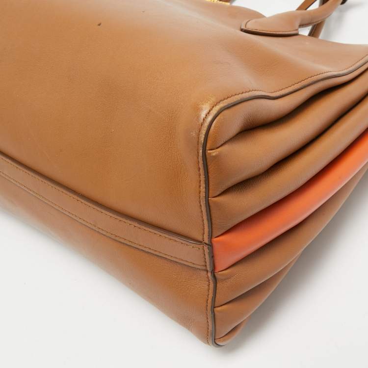 Pre Owned Prada Brown/Orange Leather Bibliotheque Tote