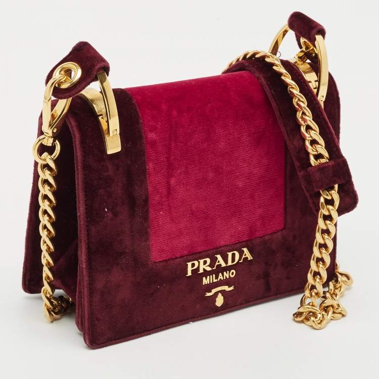 Pre Owned Prada Burgundy/Pink Velvet Logo Chain Crossbody Bag