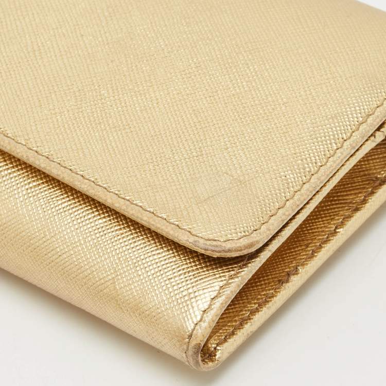 Pre Owned Prada Gold Saffiano Metal Leather Wallet on Chain