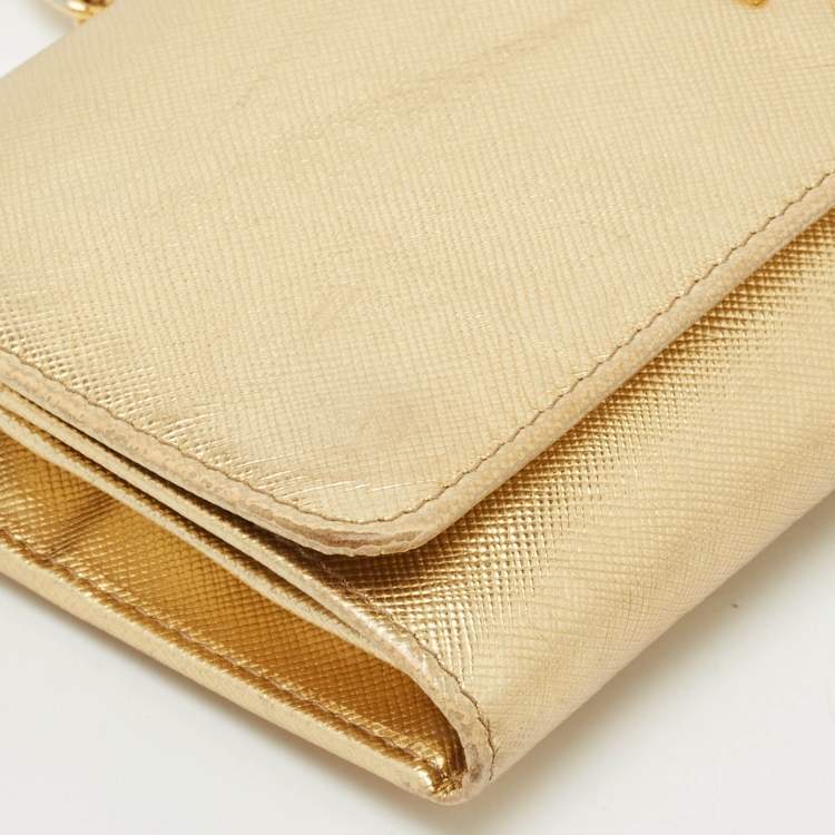 Pre Owned Prada Gold Saffiano Metal Leather Wallet on Chain