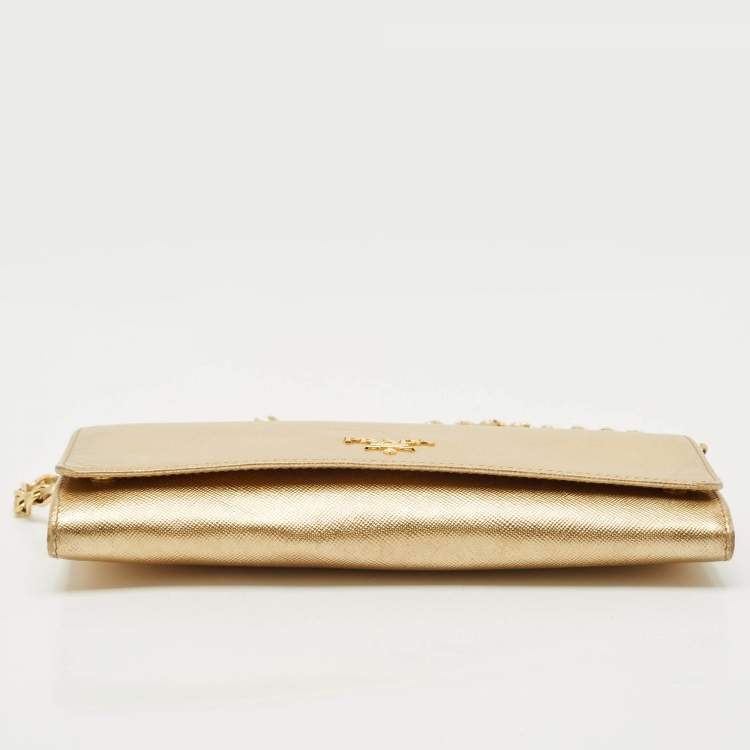 Pre Owned Prada Gold Saffiano Metal Leather Wallet on Chain