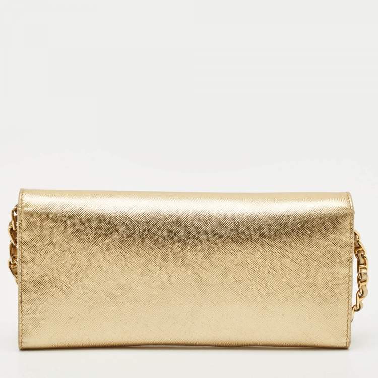 Pre Owned Prada Gold Saffiano Metal Leather Wallet on Chain