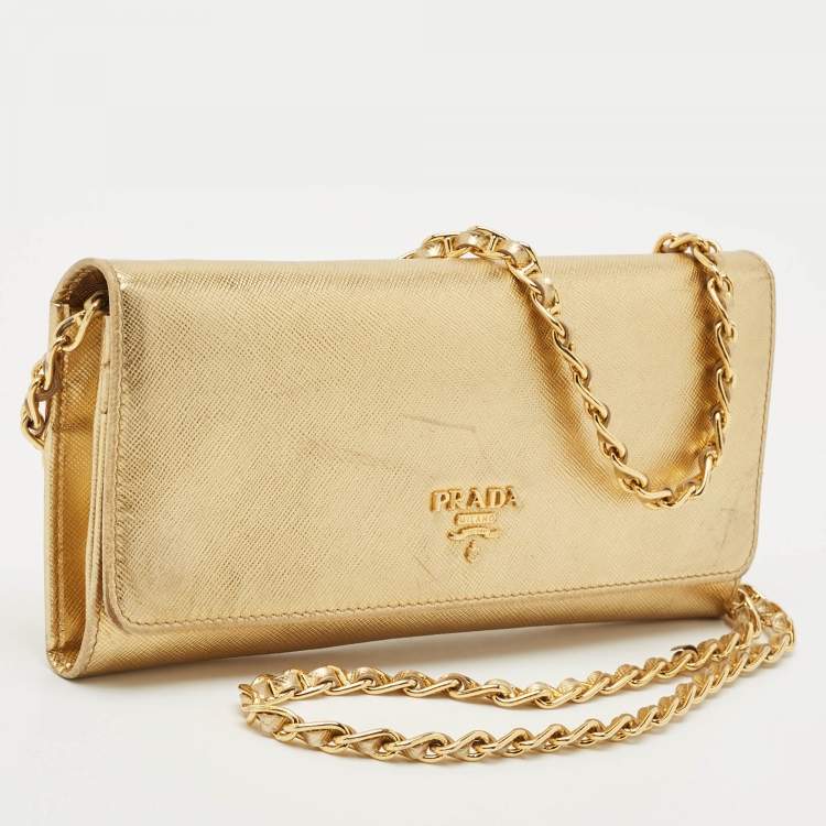 Pre Owned Prada Gold Saffiano Metal Leather Wallet on Chain