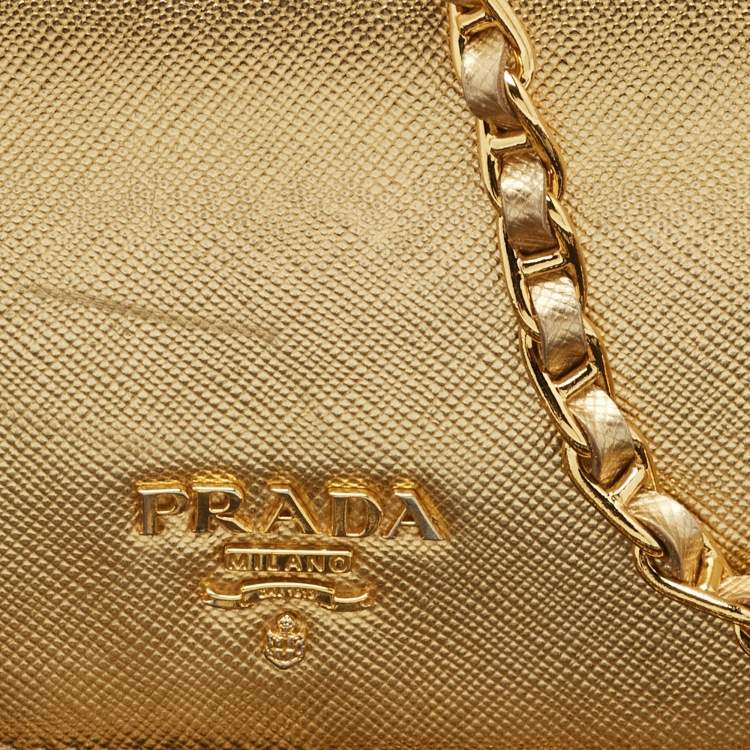 Pre Owned Prada Gold Saffiano Metal Leather Wallet on Chain