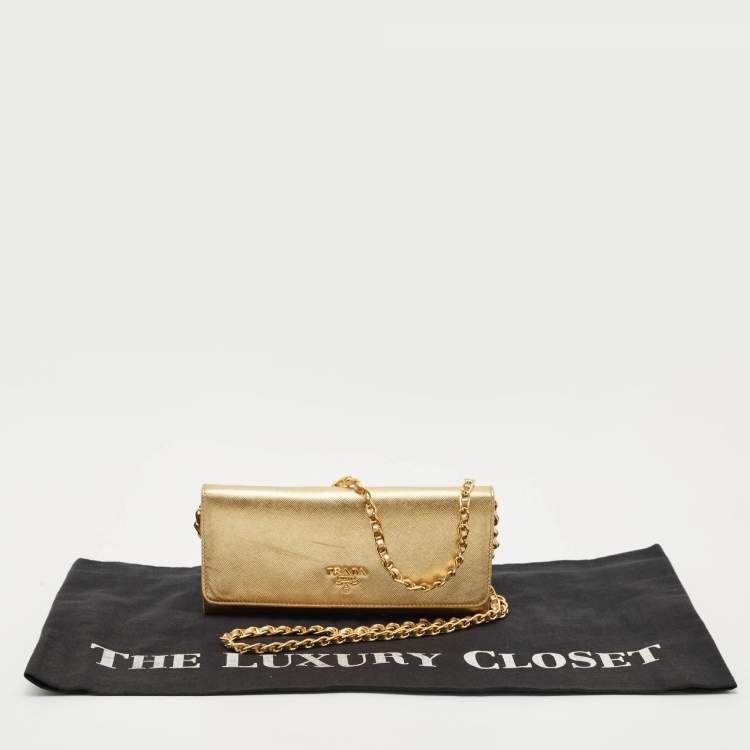 Pre Owned Prada Gold Saffiano Metal Leather Wallet on Chain