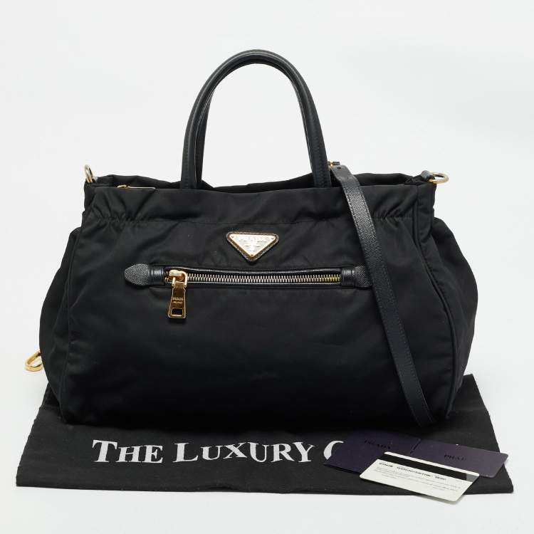 Pre Owned Prada Black Nylon and Saffiano Leather Front Zip Tote