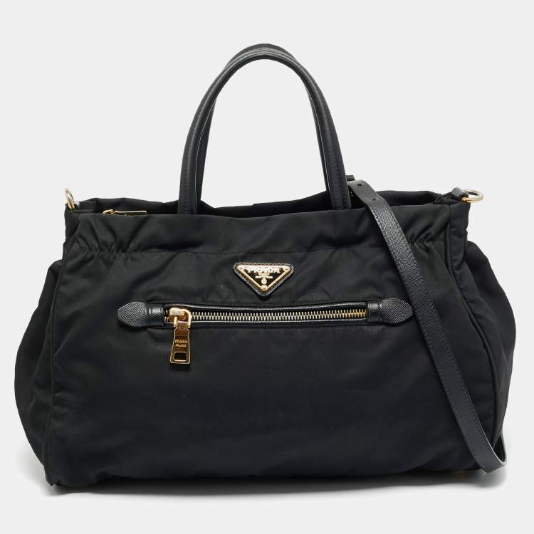 Pre Owned Prada Black Nylon and Saffiano Leather Front Zip Tote