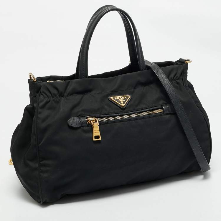 Pre Owned Prada Black Nylon and Saffiano Leather Front Zip Tote