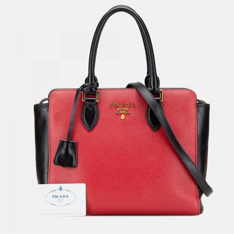 مملوكة مسبقًا Prada Black Red Bicolor Soft Calf Trimmed Saffiano Satchel