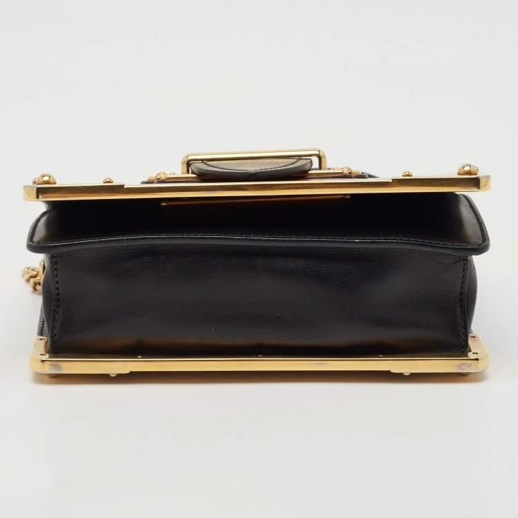 Pre Owned Prada Black/Beige Crocodile and Leather Cahier Flap Shoulder Bag