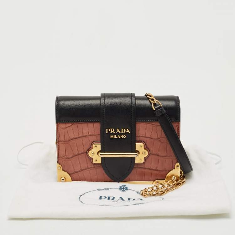 Pre Owned Prada Black/Beige Crocodile and Leather Cahier Flap Shoulder Bag