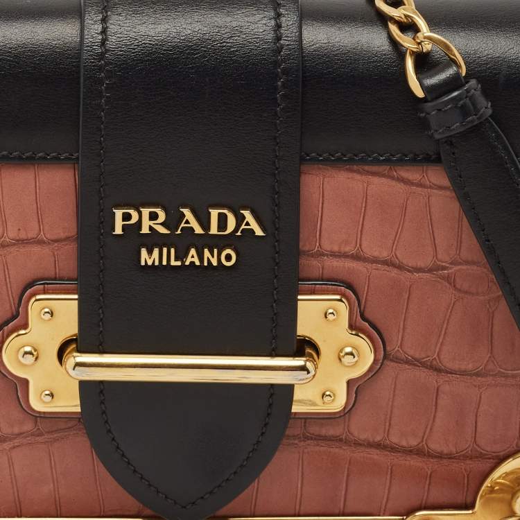 Pre Owned Prada Black/Beige Crocodile and Leather Cahier Flap Shoulder Bag