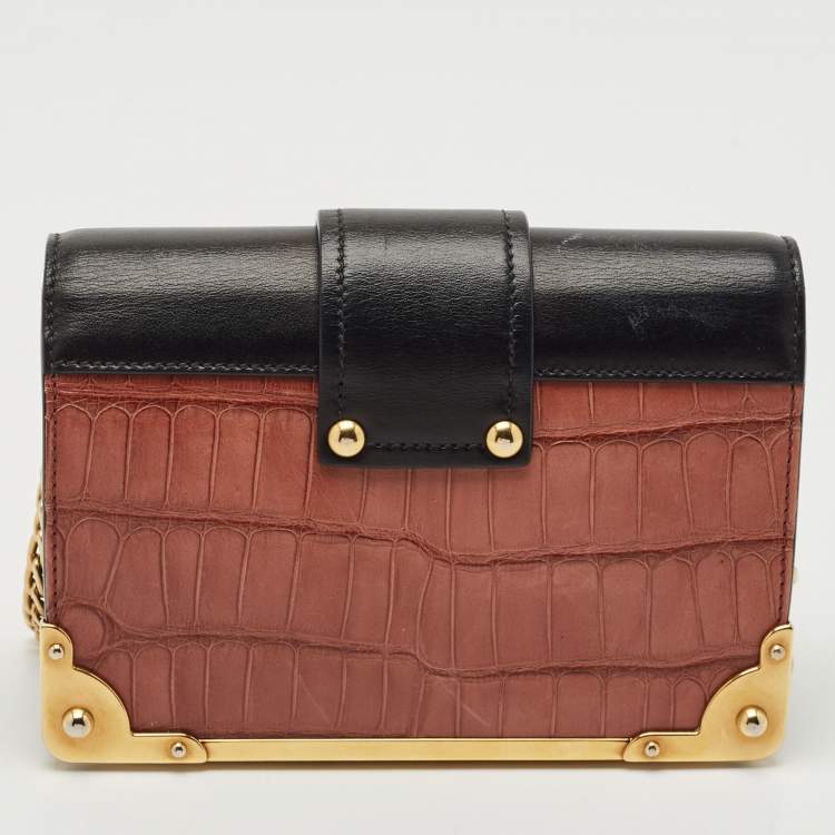 Pre Owned Prada Black/Beige Crocodile and Leather Cahier Flap Shoulder Bag